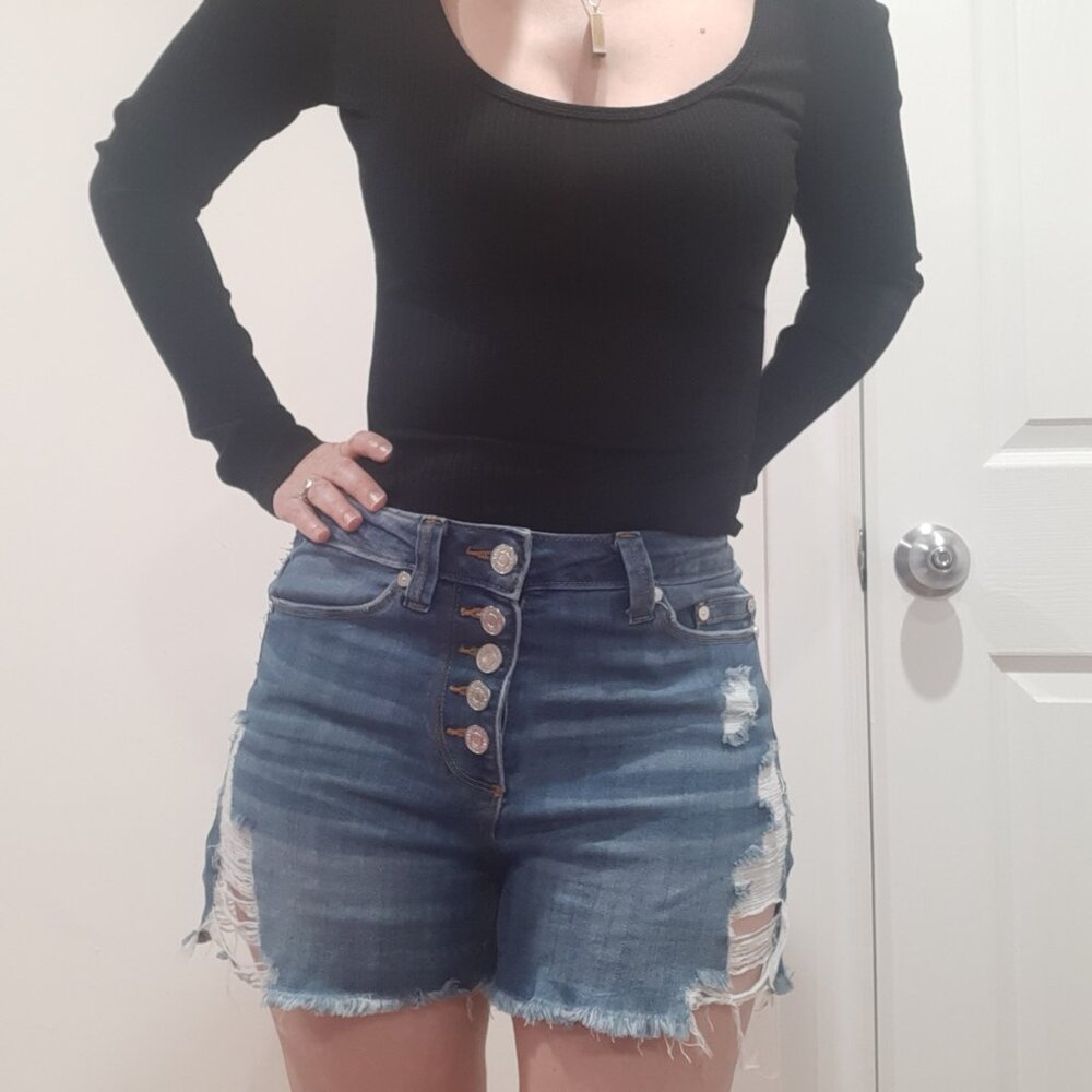 Button fly distressed high rise waisted denim jean shorts medium wash - Picture 10 of 12